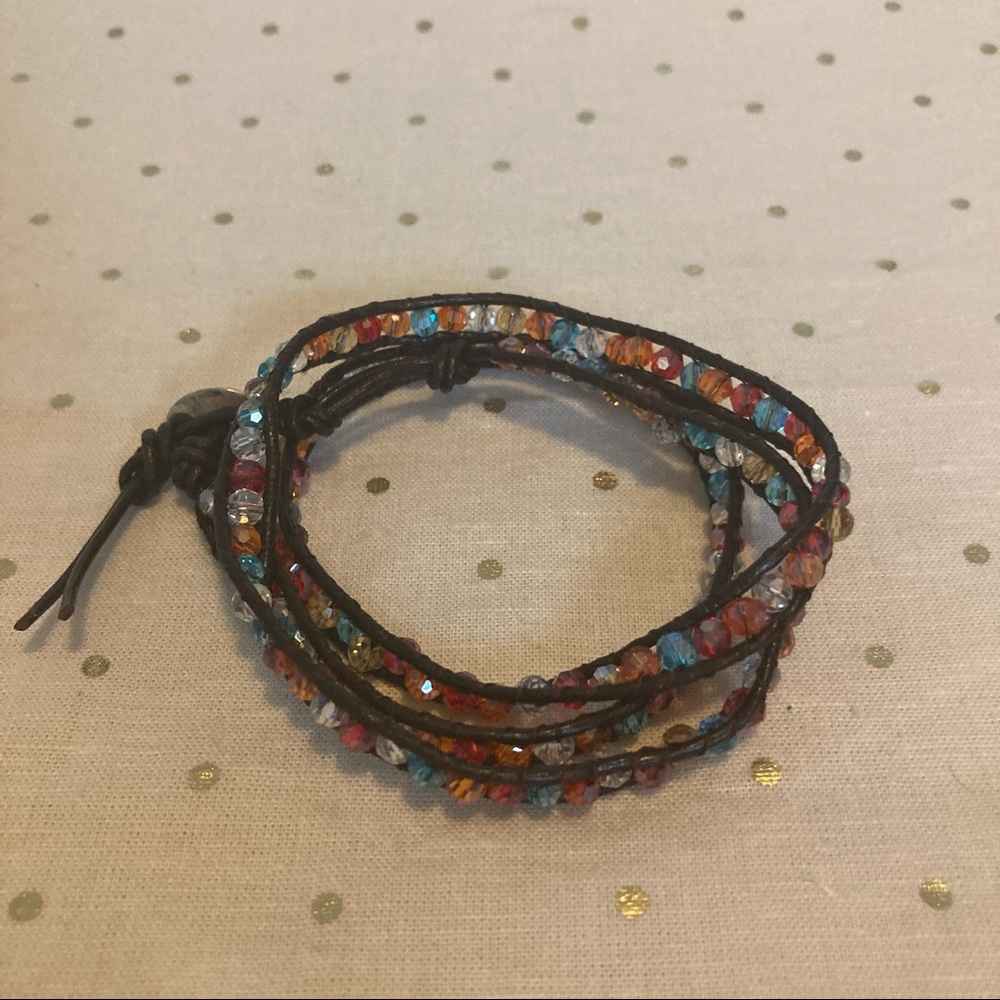 Colorful beaded leather wrap bracelet